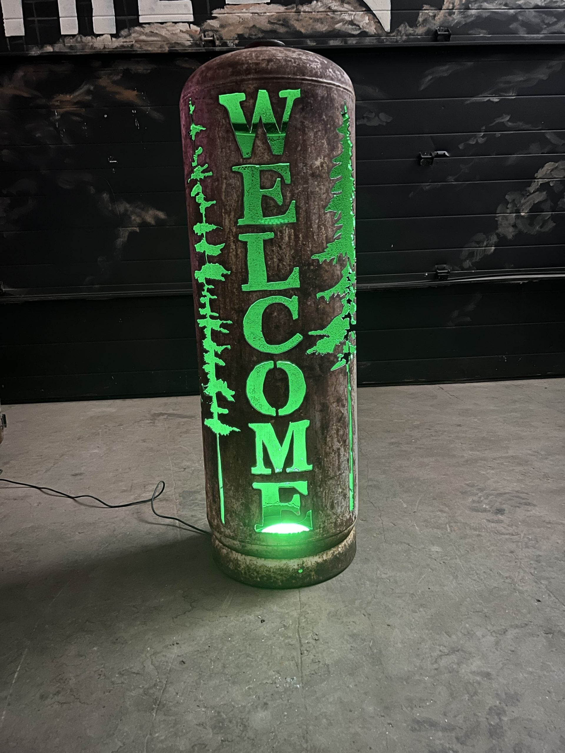 100lb Upcycled Patio Lantern, Welcome & Spruce Trees