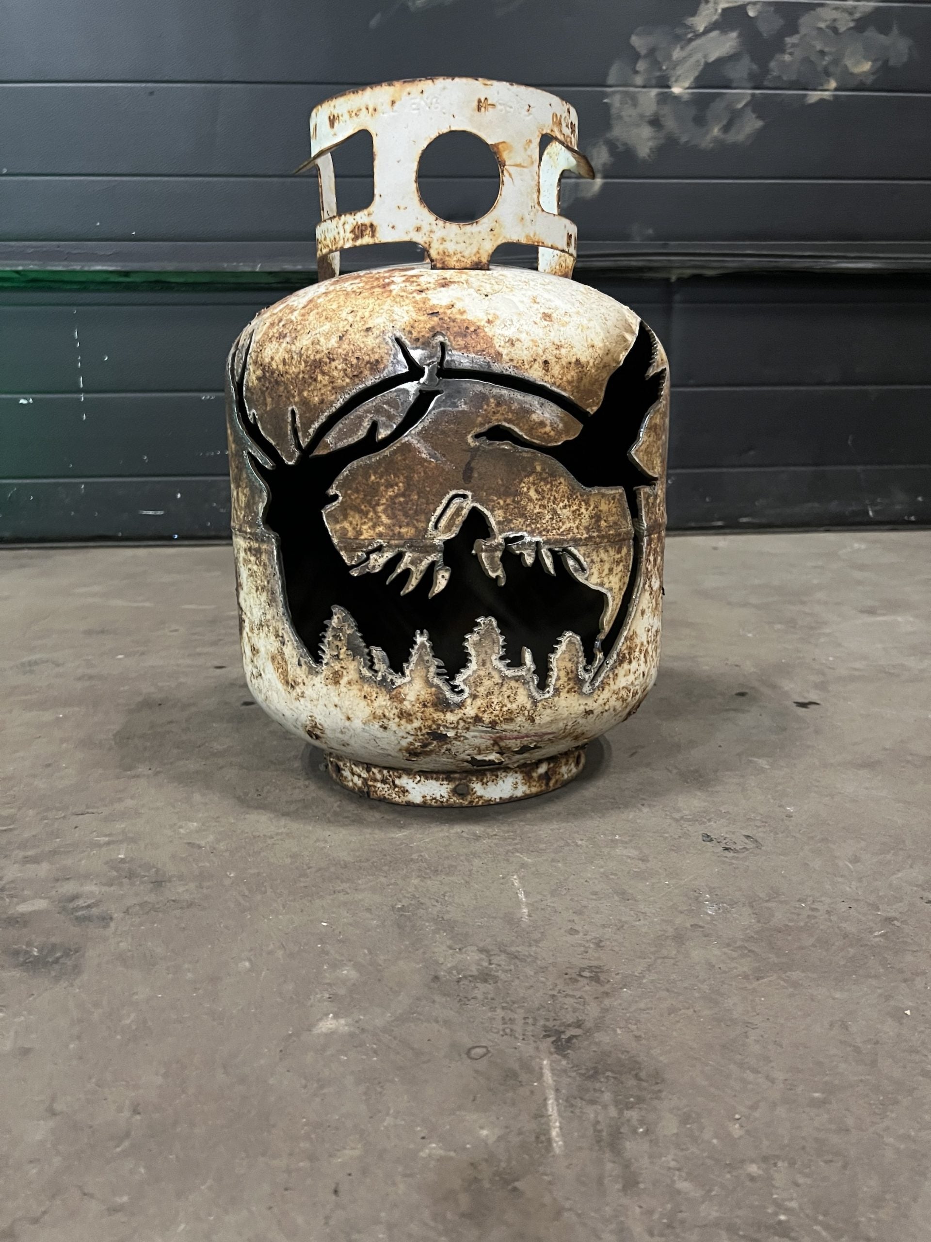20lb Upcycled Patio Lantern, Elk & Goose with Mountian Scene