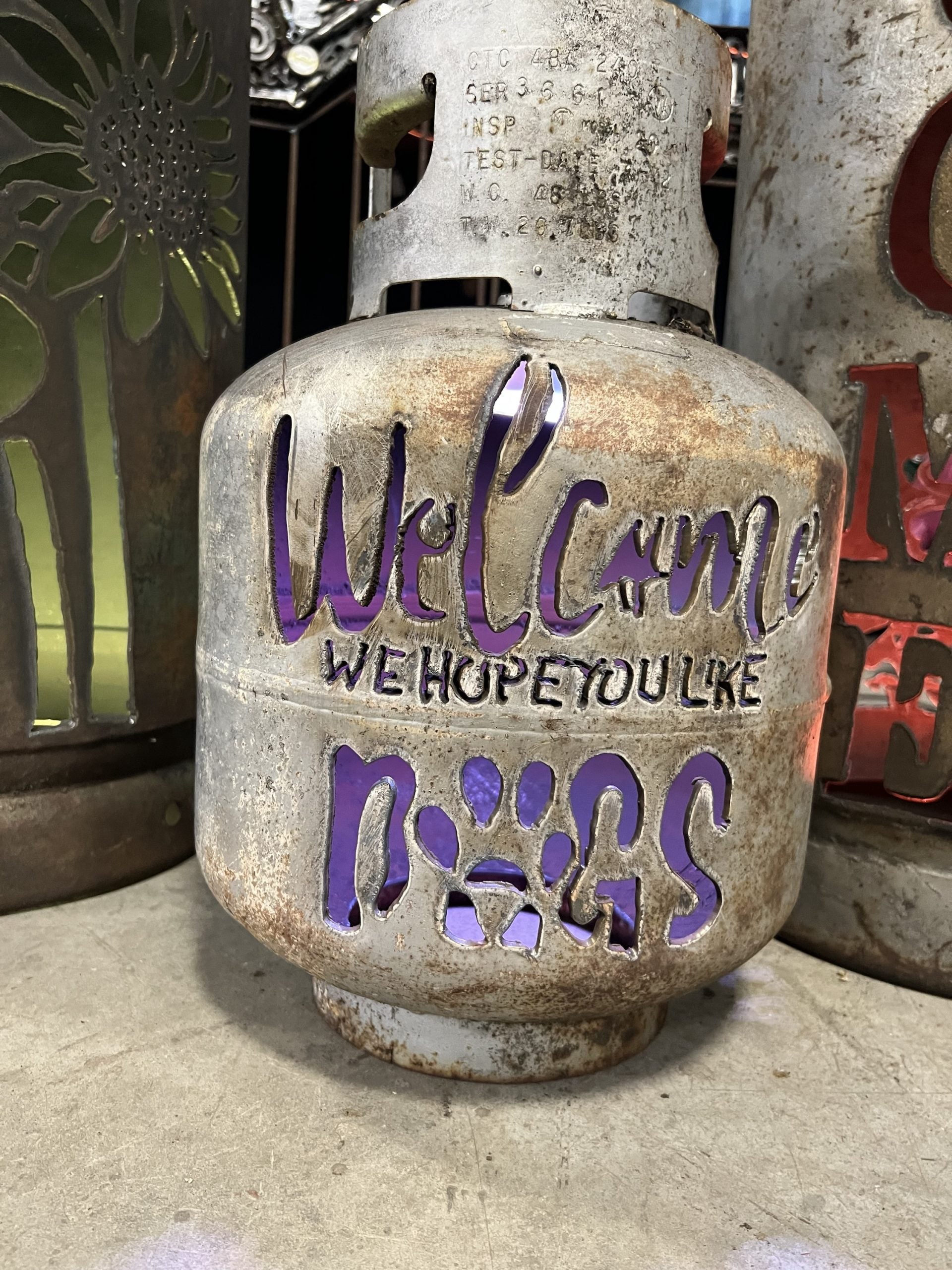 20lb Upcycled Patio Lantern, Welcome Hope you Like Dogs