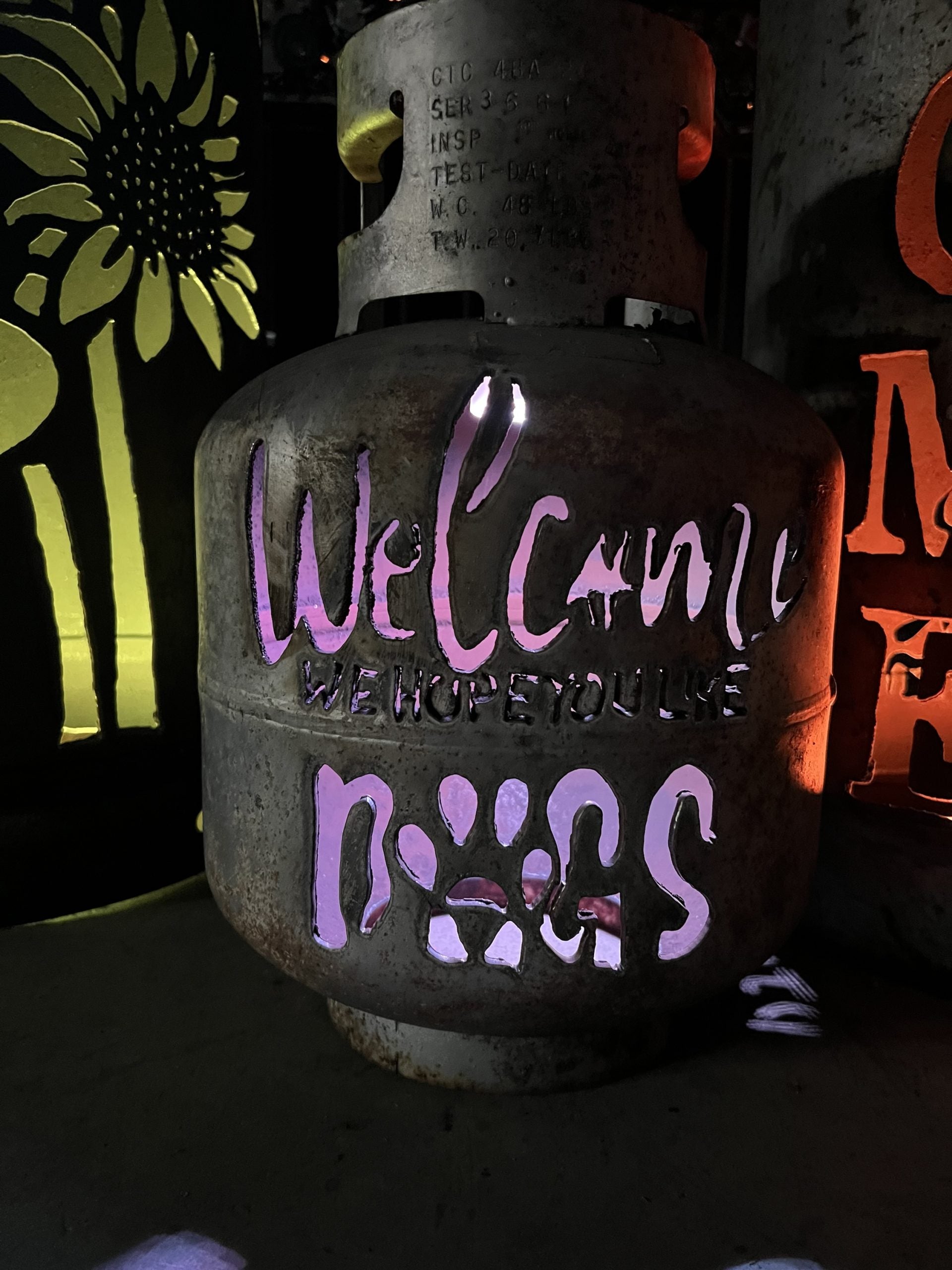 20lb Upcycled Patio Lantern, Welcome Hope you Like Dogs