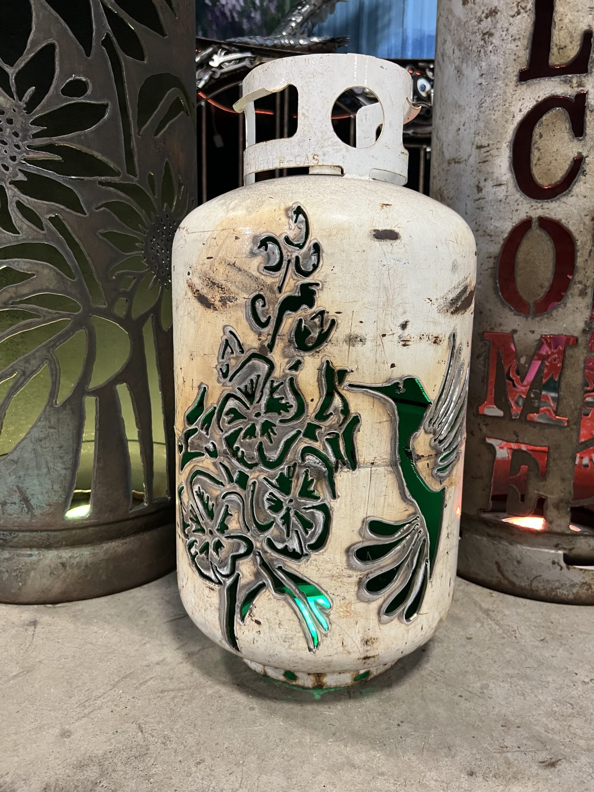30lb Upcycled Patio Lantern, Hummingbird & Flowers