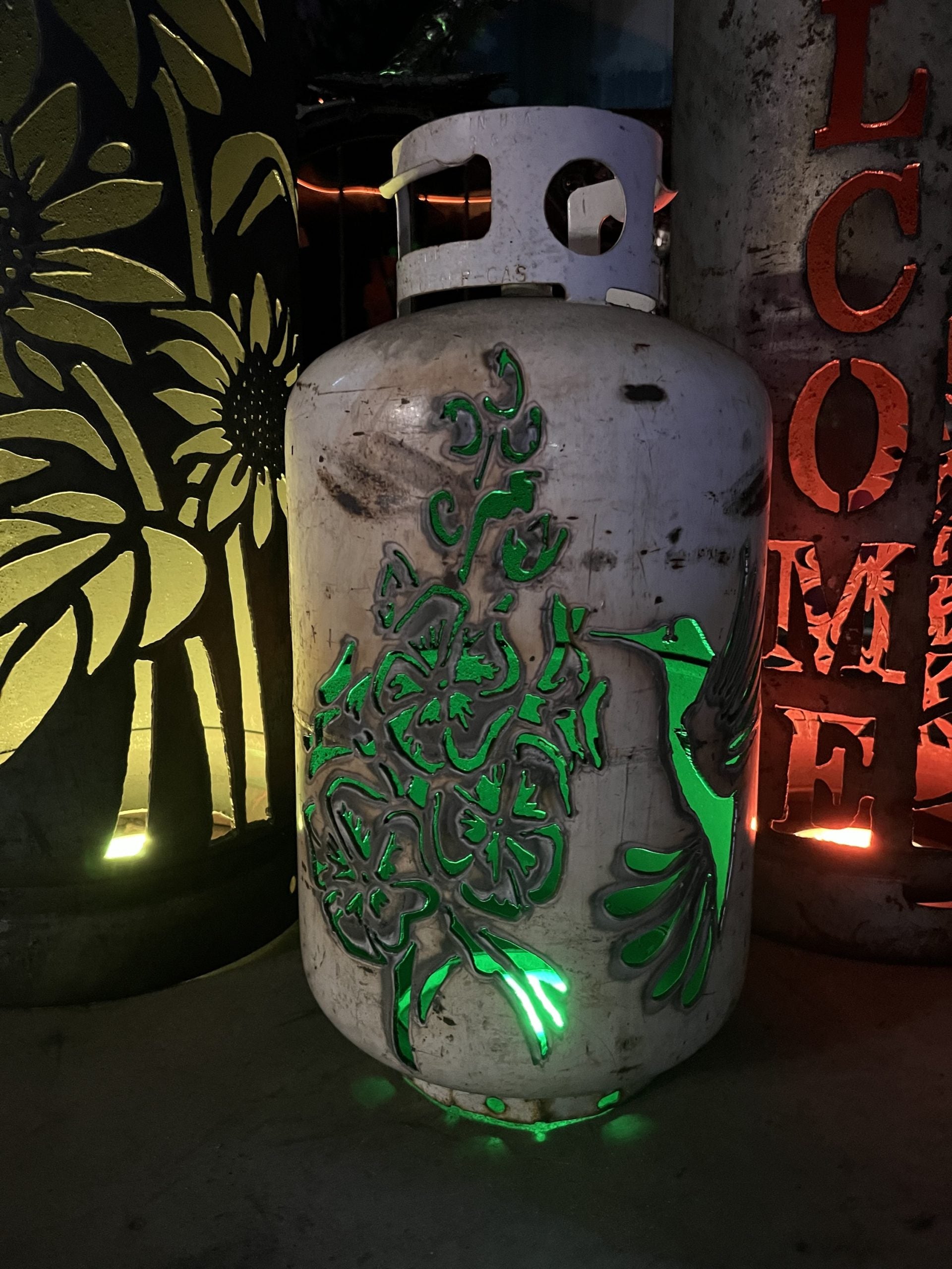 30lb Upcycled Patio Lantern, Hummingbird & Flowers