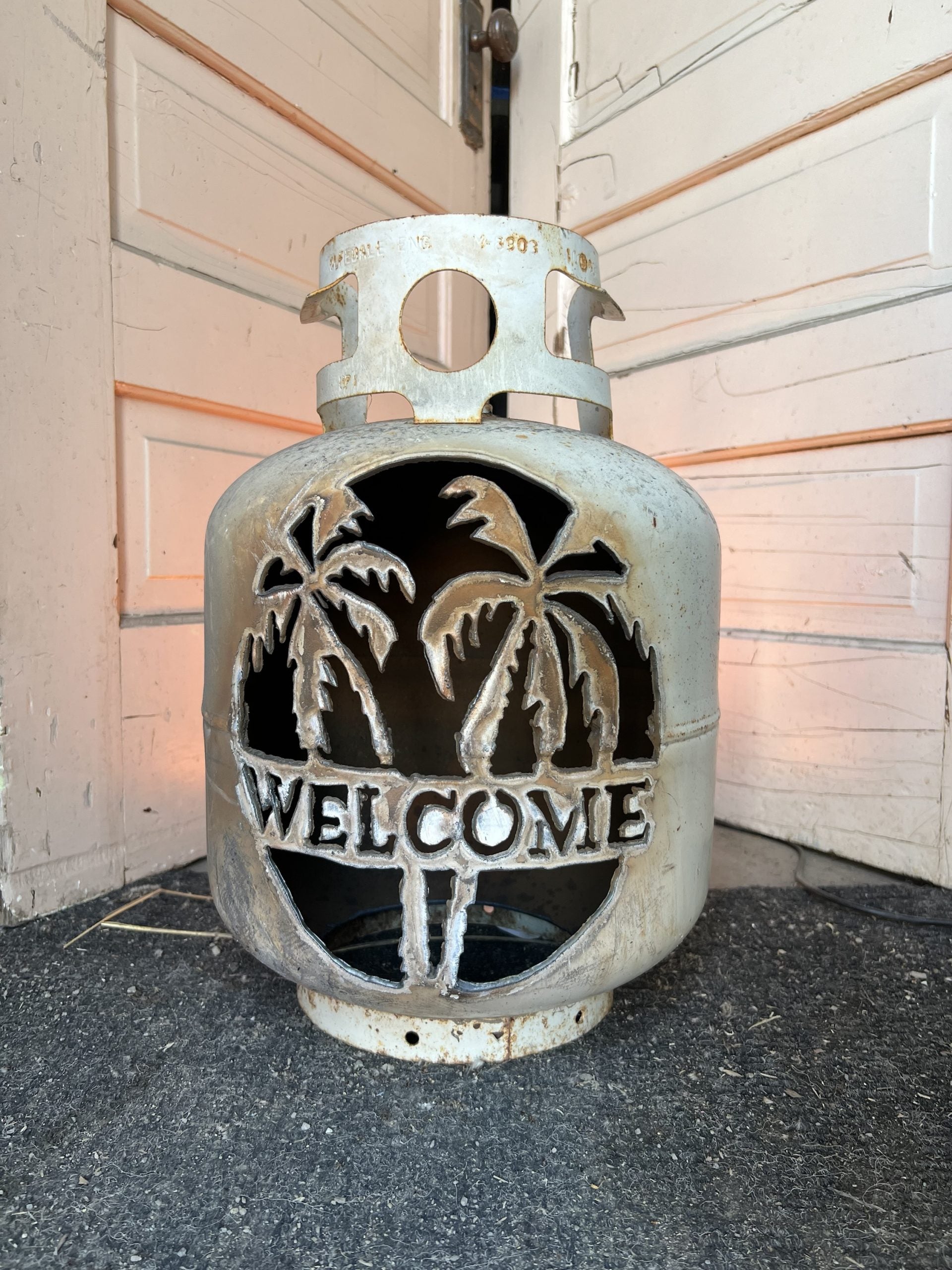 20lb Upcycled Patio Lantern, Welcome & Palm Trees