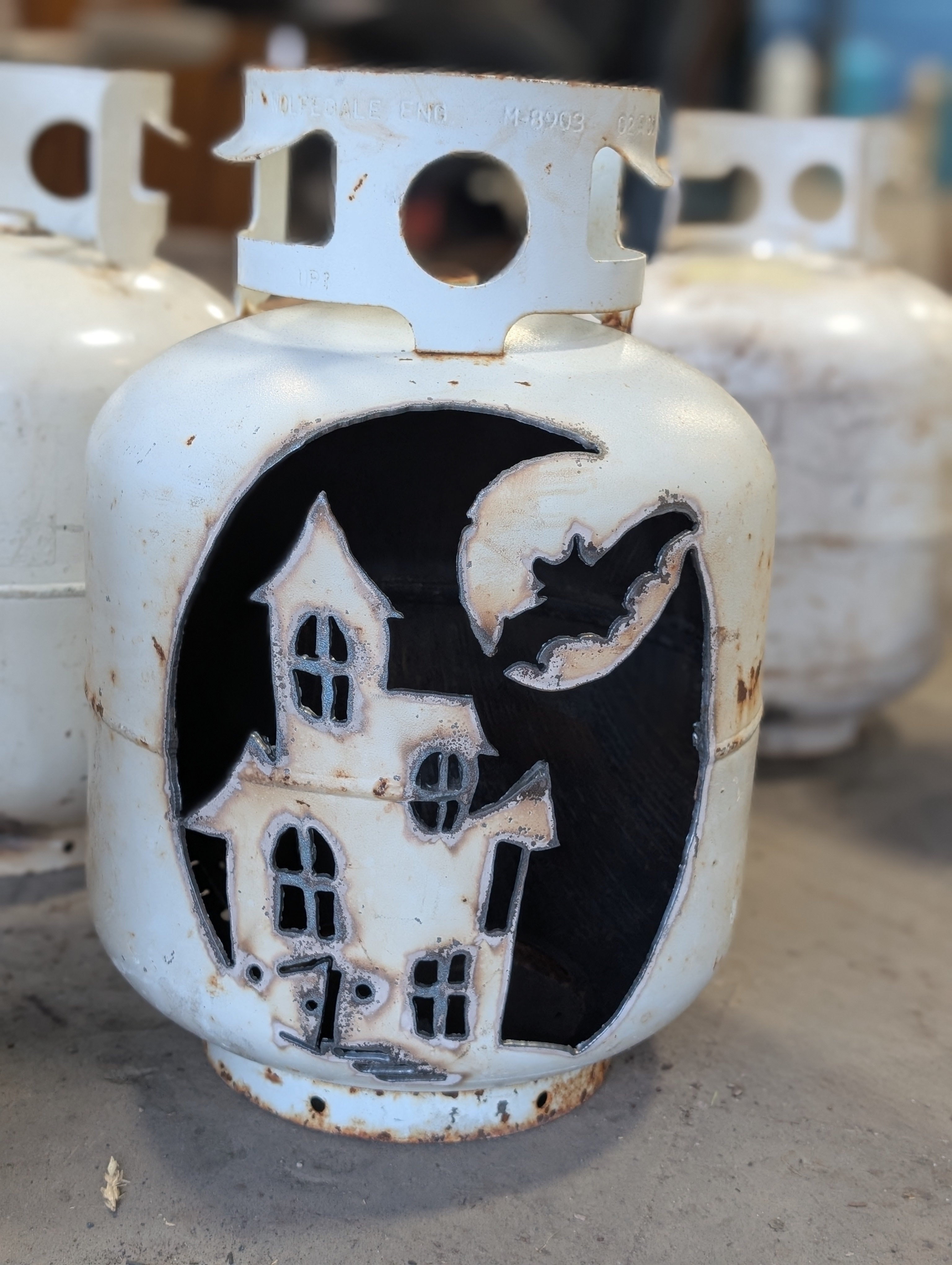 20lb Upcycled Patio Lantern, Haunted House Halloween Natural Finish