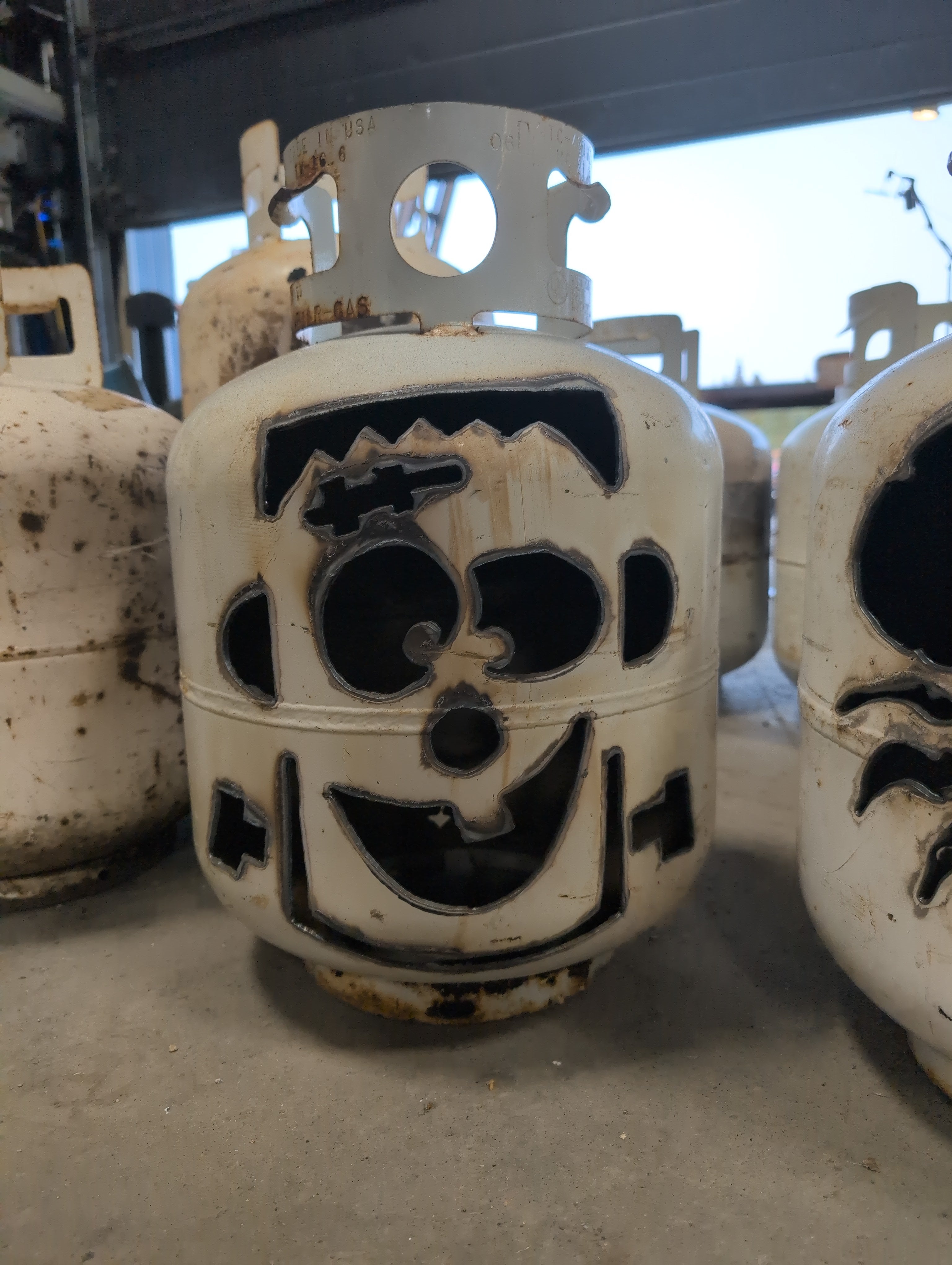 20lb Upcycled Patio Lantern, Frankenstein Halloween Natural Finish