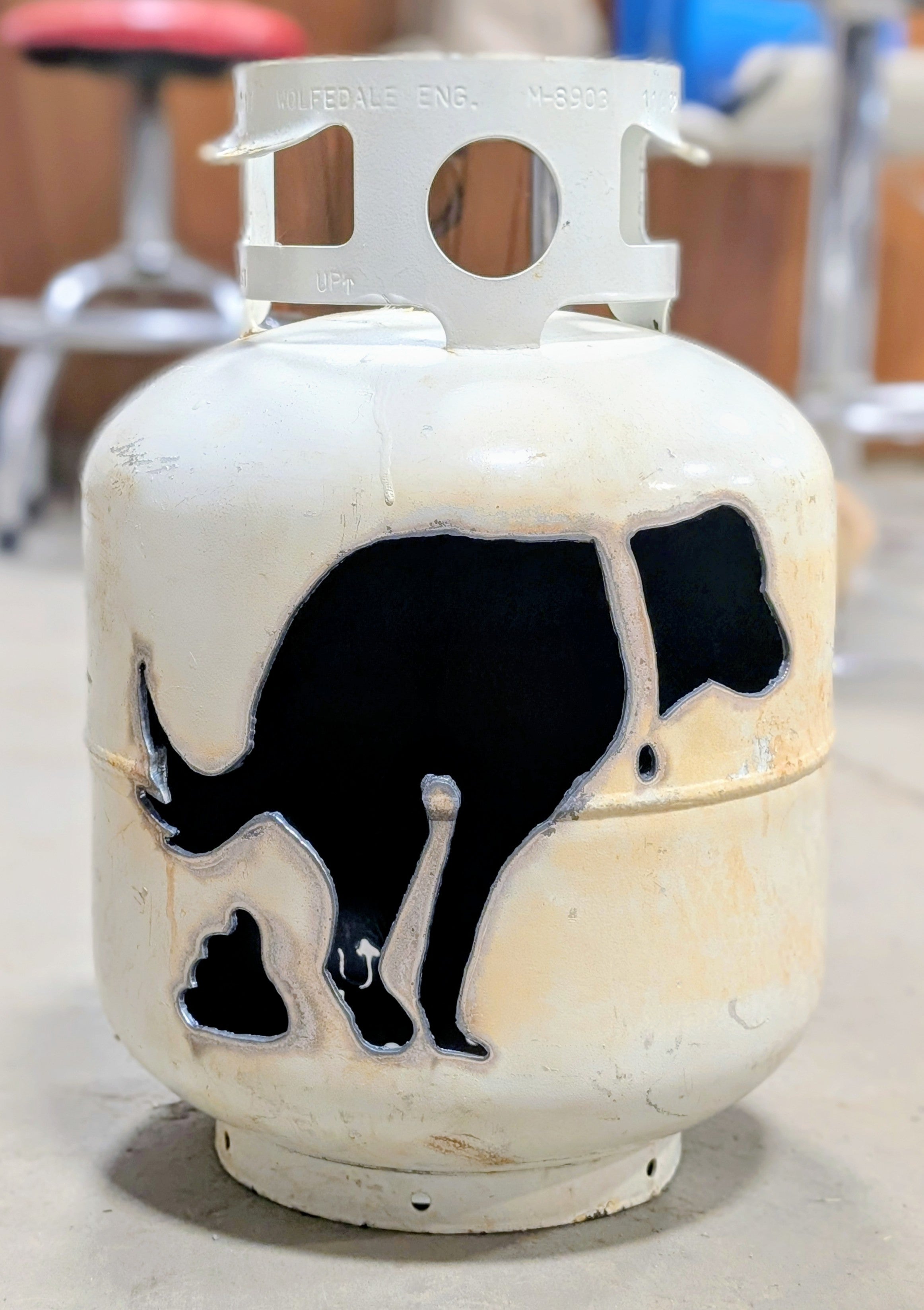 20lb Upcycled Patio Lantern, Hank Thee Dog Halloween Natural Finish