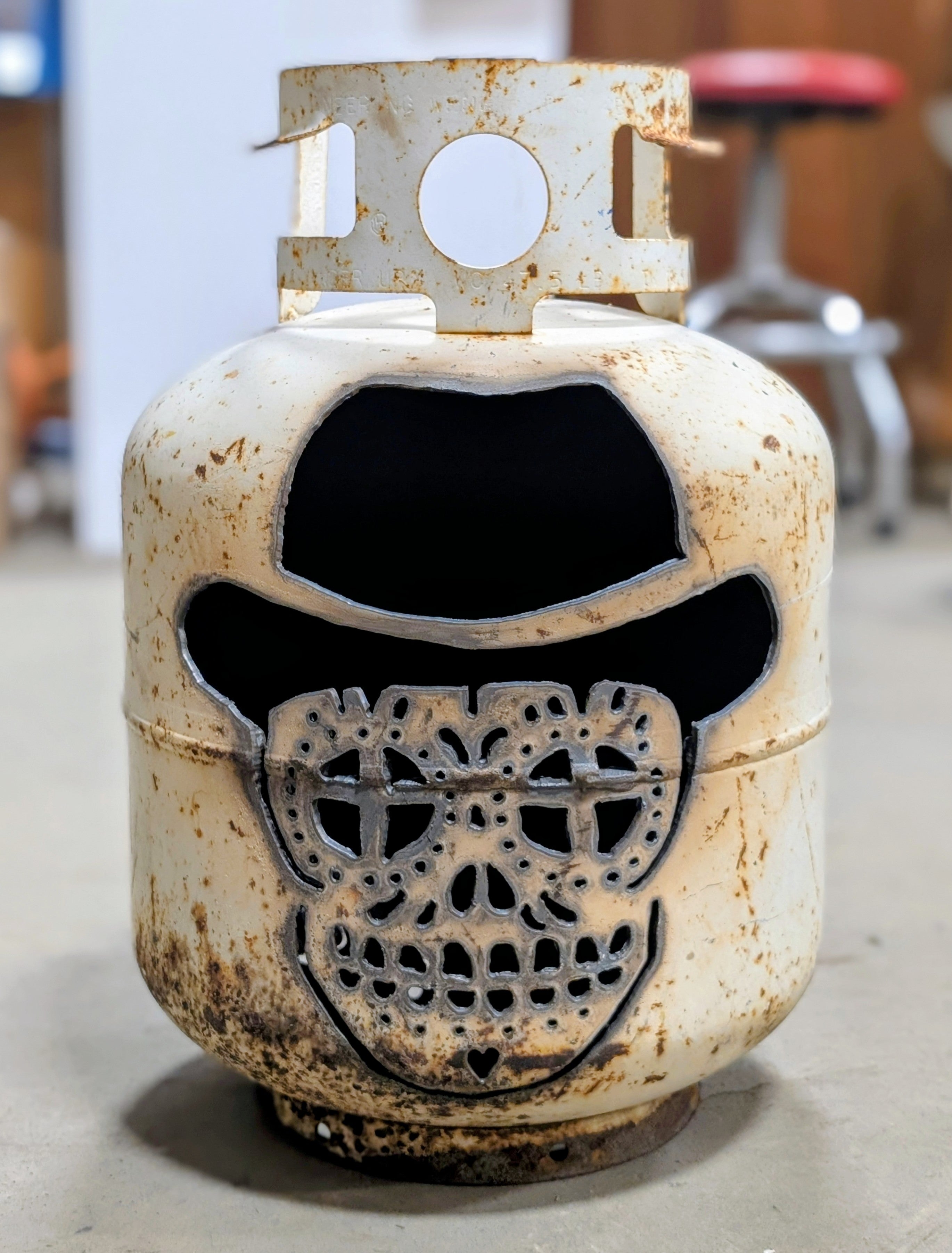 20lb Upcycled Patio Lantern, Walter Sugar Skull Halloween Natural Finish