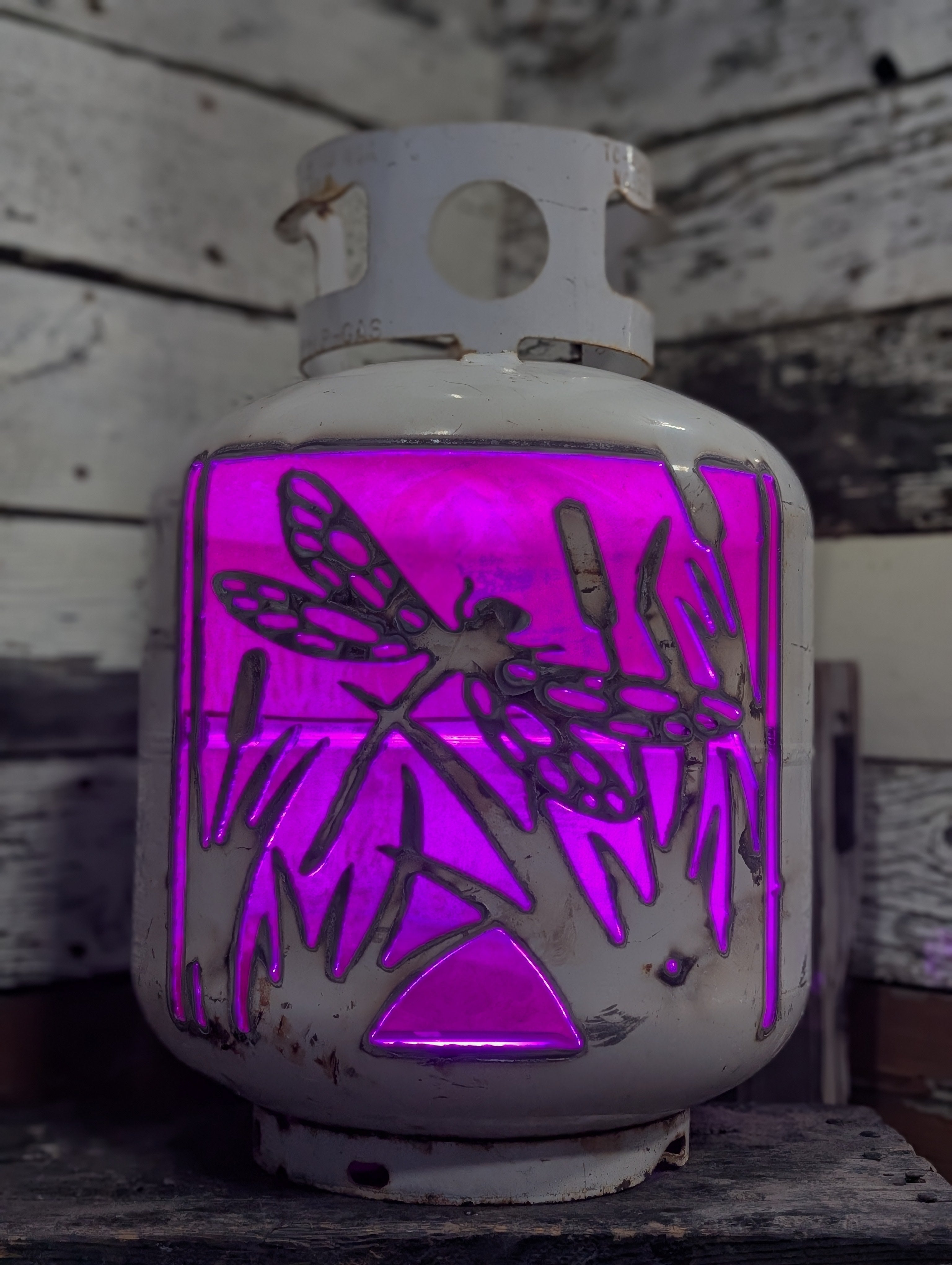 20lb Upcycled Patio Lantern,  Dragonfly and Cattails Natural Finish
