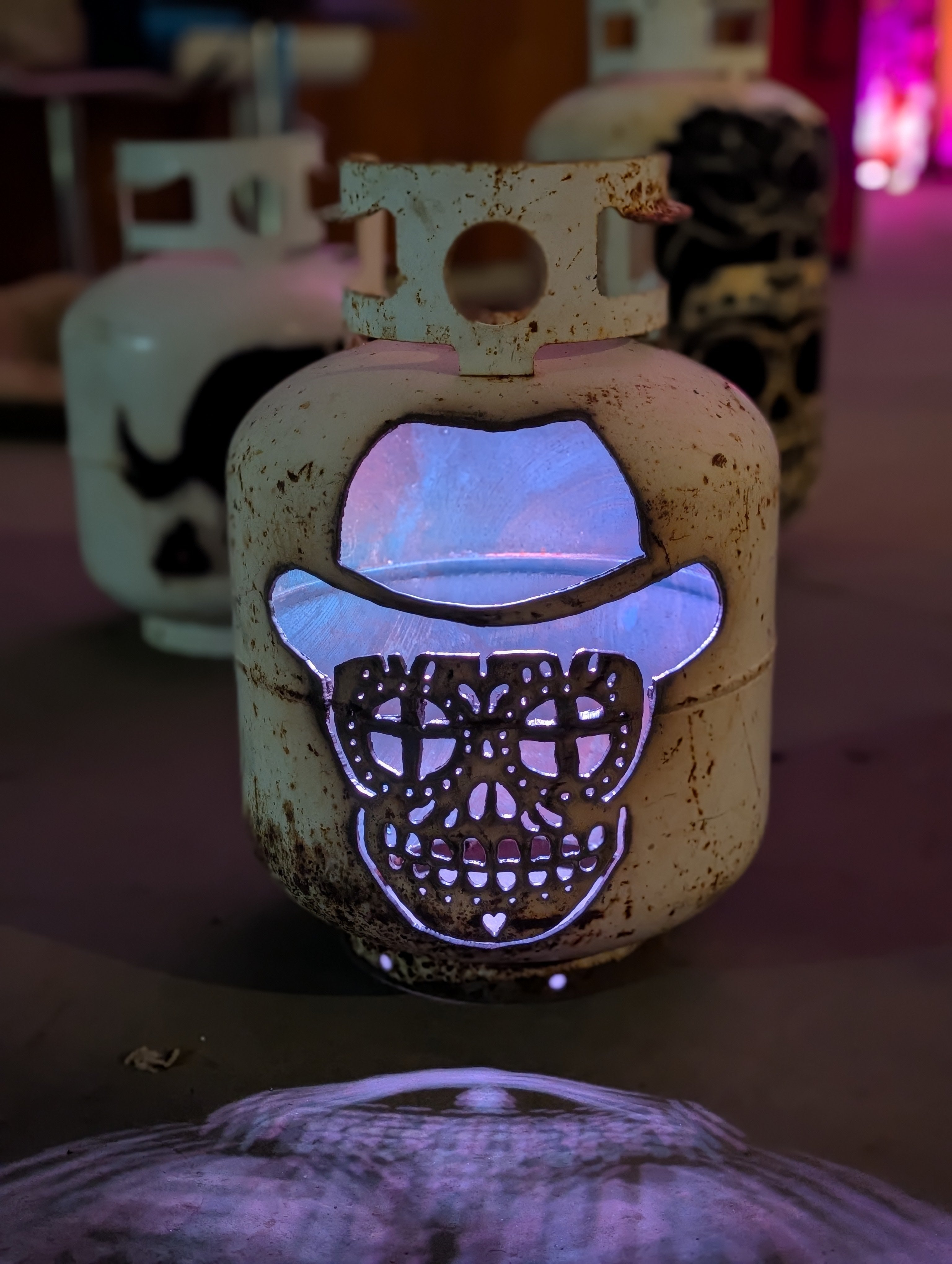 20lb Upcycled Patio Lantern, Walter Sugar Skull Halloween Natural Finish