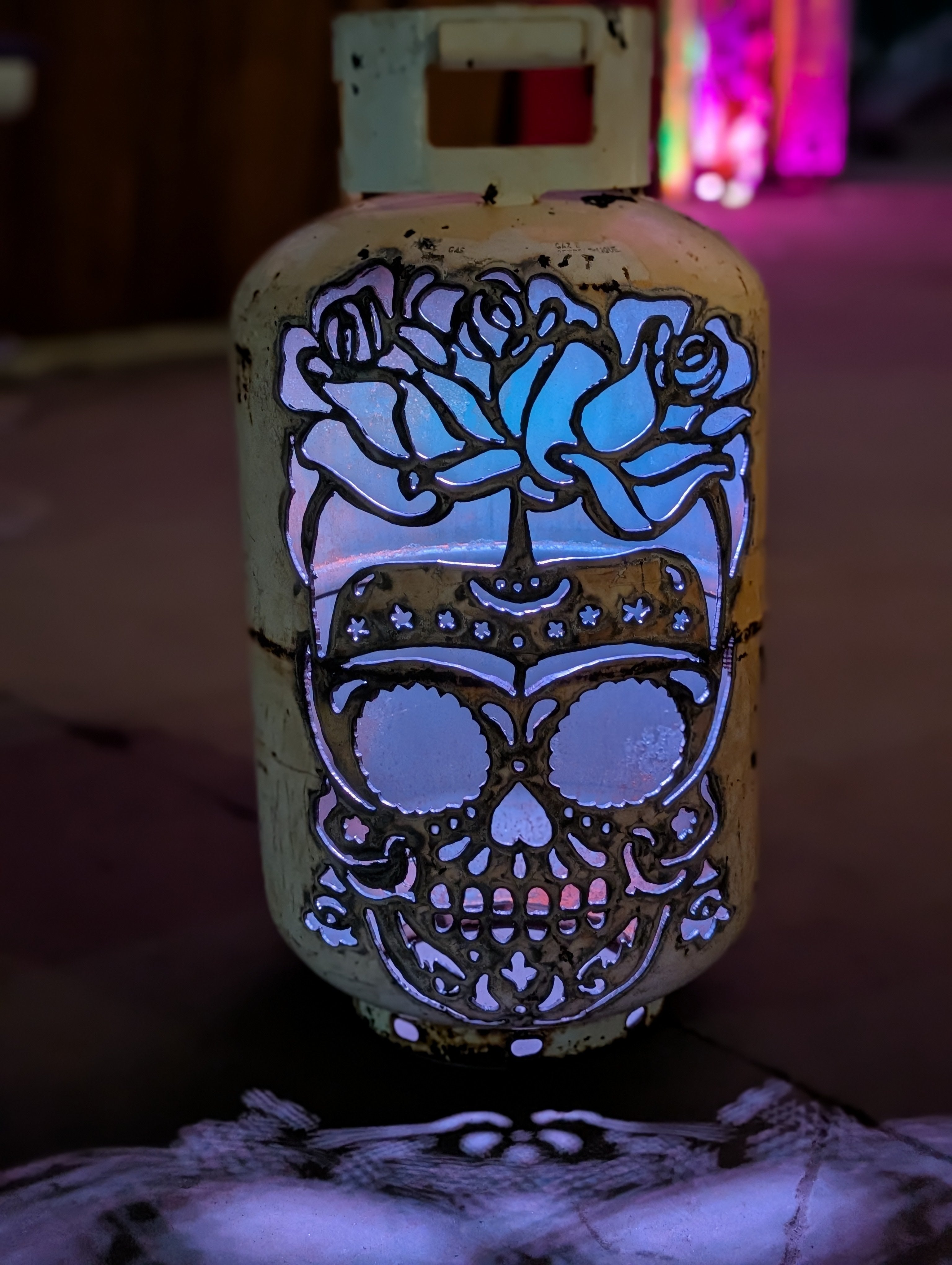 30lb Upcycled Patio Lantern, Rose Sugar Skull Halloween